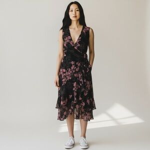 Vintage 90s Floral Sleeveless 100% Silk Wrap Maxi Dress - Pink and Black